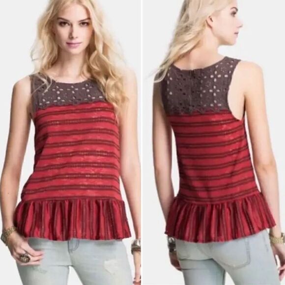 Free People Red Striped Molly Retro Peplum Eyelet Blouse M - Picture 1 of 3
